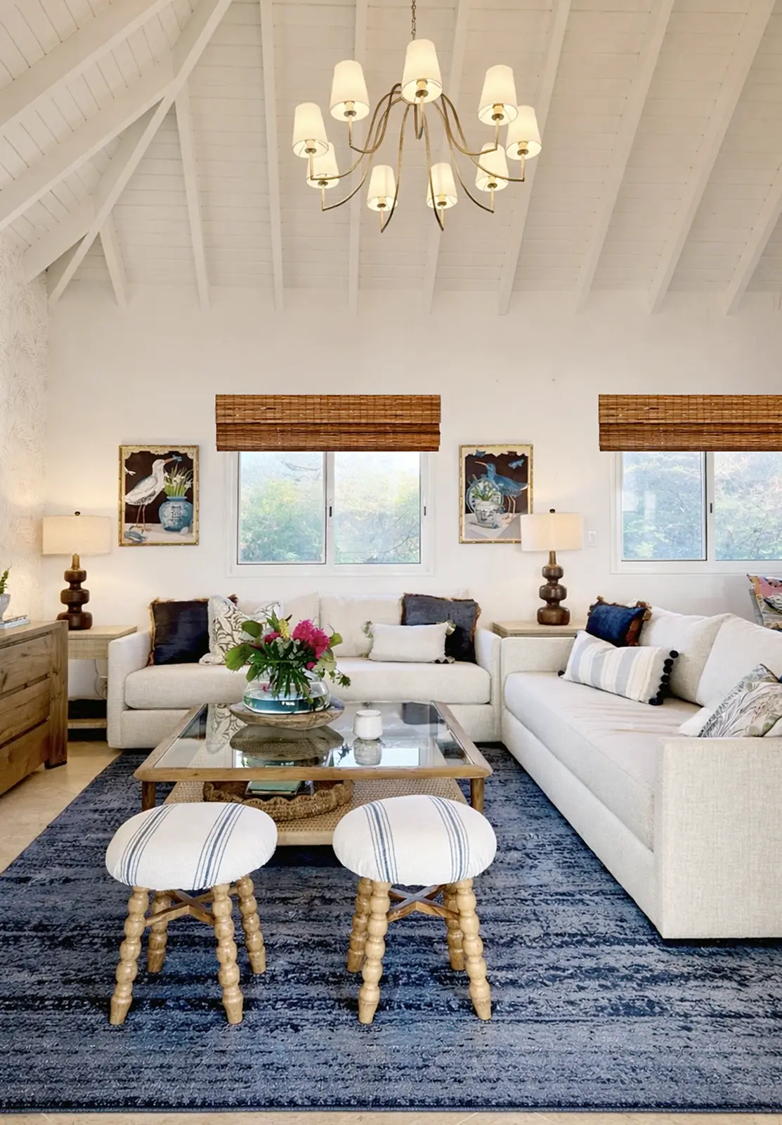 The Great Room — open living and dining with vaulted ceilings and ocean views